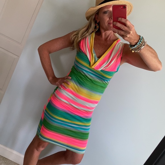 Striped, Draped Neck Fitted Dress - Picture 7 of 16